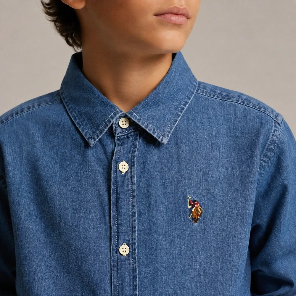 US Polo Assn Boys Denim Button Down Shirt Blue Long Sleeve XL 14-16